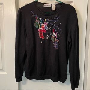 Vintage Alfred Dunner Ugly Christmas Sweater Stockings Sequins, Beads, Ruffles